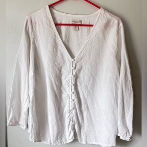 Laura Ashley Top Sz 1X V Neck Button Down Peasant Style Linen Blend Boho